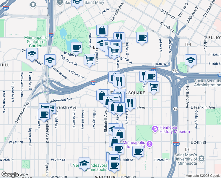 map of restaurants, bars, coffee shops, grocery stores, and more near in Minneapolis
