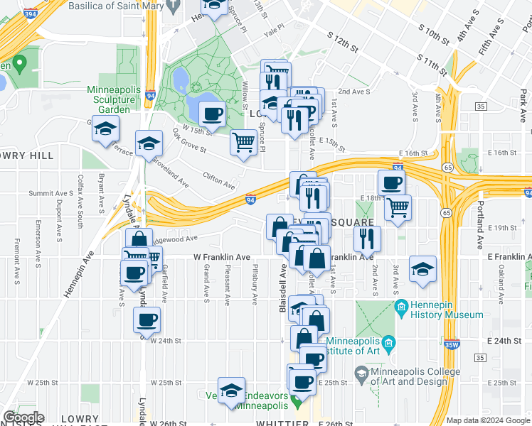 map of restaurants, bars, coffee shops, grocery stores, and more near 122 Groveland Avenue in Minneapolis
