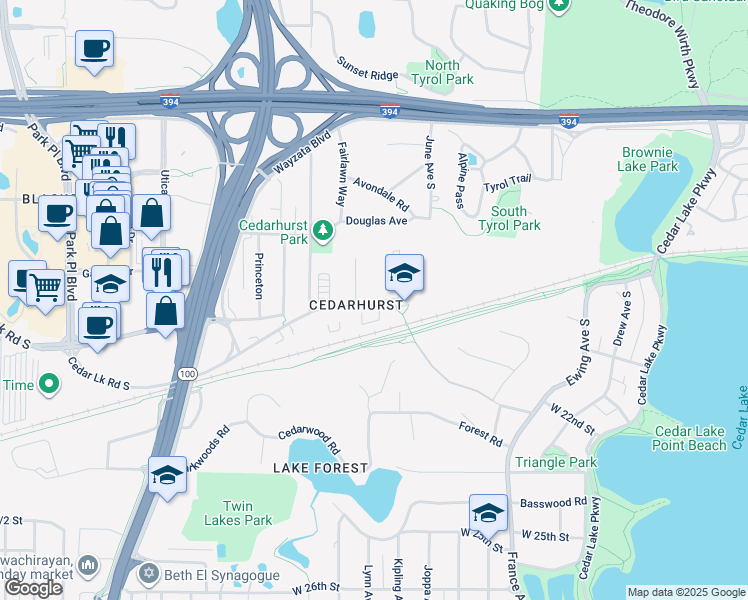 map of restaurants, bars, coffee shops, grocery stores, and more near 4401 Cedar Lake Road in Minneapolis