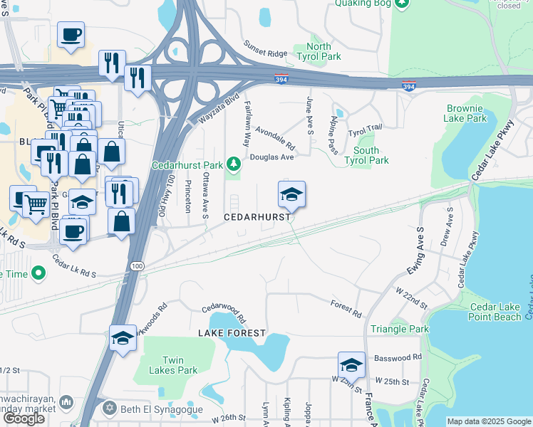 map of restaurants, bars, coffee shops, grocery stores, and more near 4401 Cedar Lake Road in Minneapolis