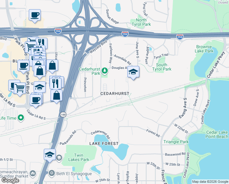 map of restaurants, bars, coffee shops, grocery stores, and more near in Golden Valley