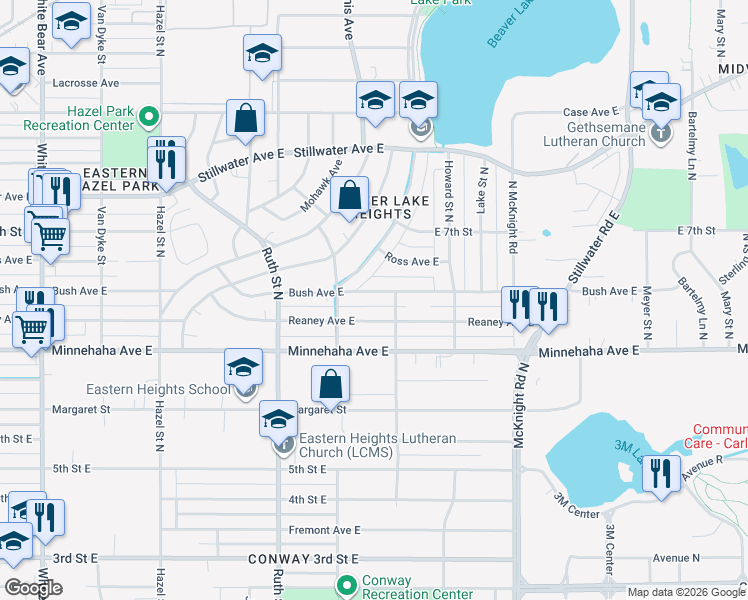 map of restaurants, bars, coffee shops, grocery stores, and more near 2142 Reaney Avenue East in Saint Paul