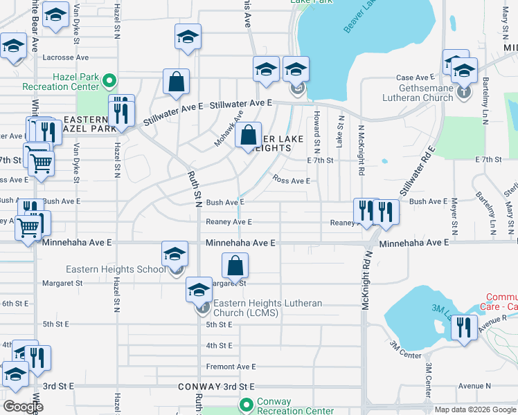 map of restaurants, bars, coffee shops, grocery stores, and more near 2095 Reaney Avenue East in Saint Paul