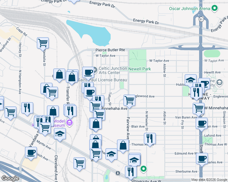 map of restaurants, bars, coffee shops, grocery stores, and more near 761 Tatum Street in Saint Paul