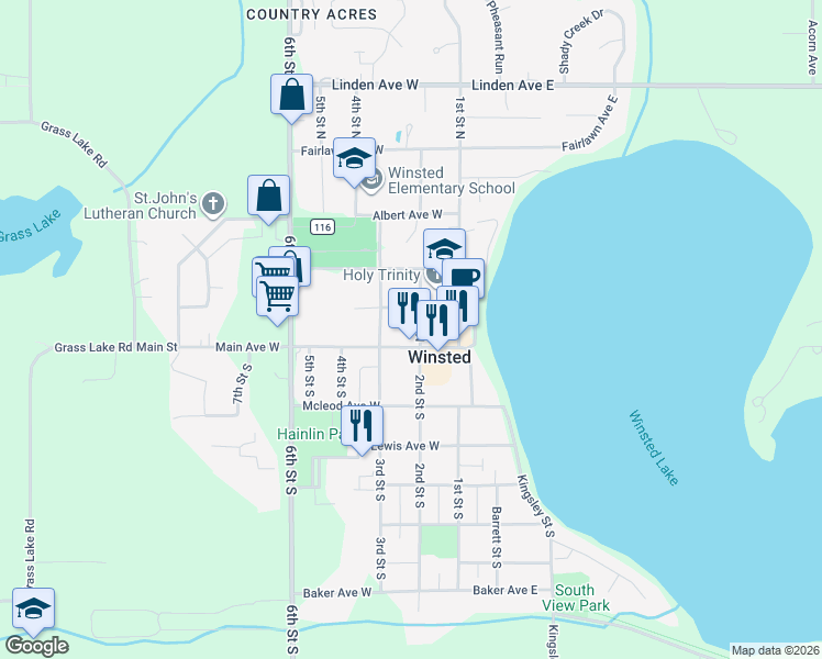 map of restaurants, bars, coffee shops, grocery stores, and more near 211 Main Avenue West in Winsted