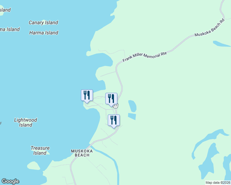 map of restaurants, bars, coffee shops, grocery stores, and more near 1209 Muskoka Beach Road in Gravenhurst