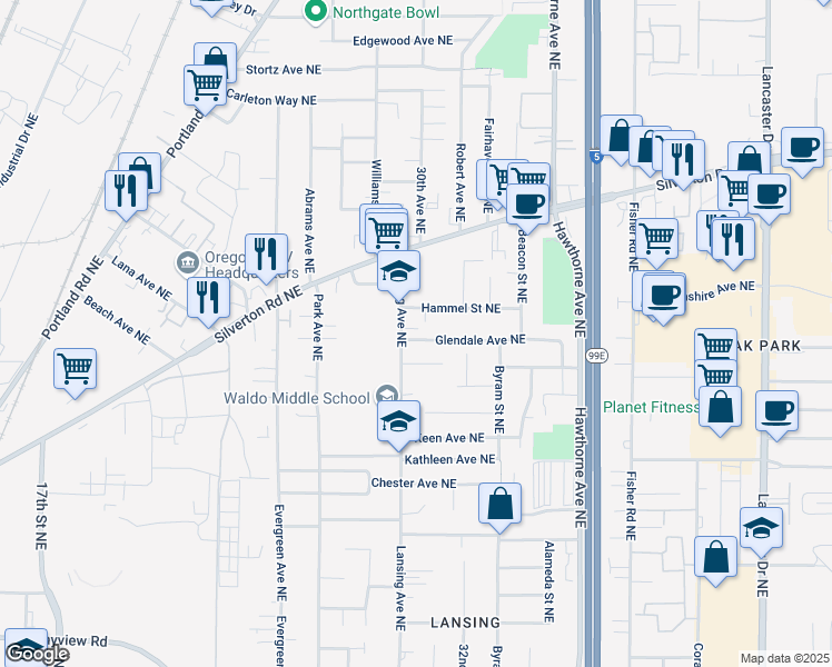 map of restaurants, bars, coffee shops, grocery stores, and more near 3049 Sorenson Court Northeast in Salem
