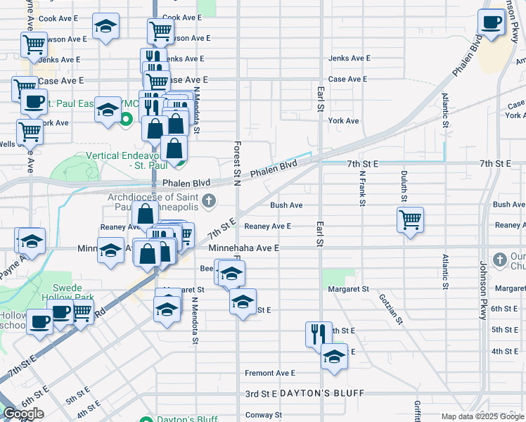 map of restaurants, bars, coffee shops, grocery stores, and more near 976 Bush Ave in St Paul