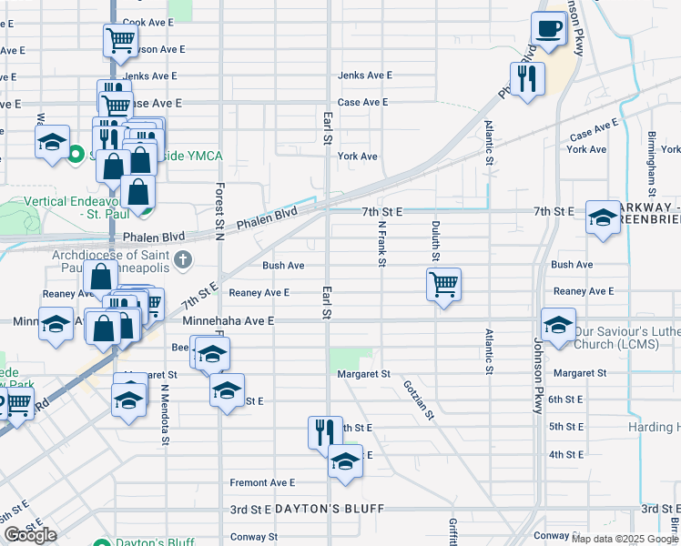map of restaurants, bars, coffee shops, grocery stores, and more near 1061 Reaney Avenue East in Saint Paul