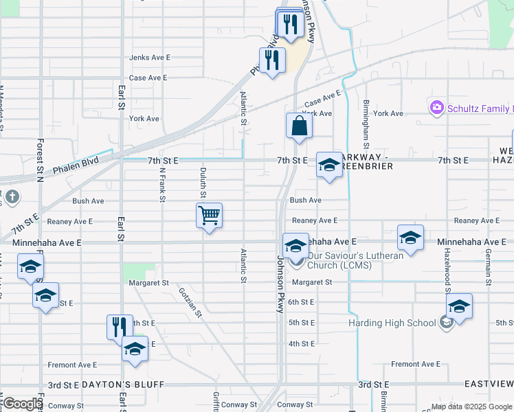 map of restaurants, bars, coffee shops, grocery stores, and more near 1243 Reaney Avenue East in Saint Paul