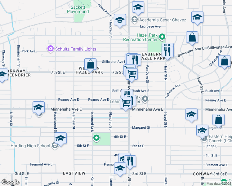 map of restaurants, bars, coffee shops, grocery stores, and more near 1736 Reaney Avenue East in Saint Paul