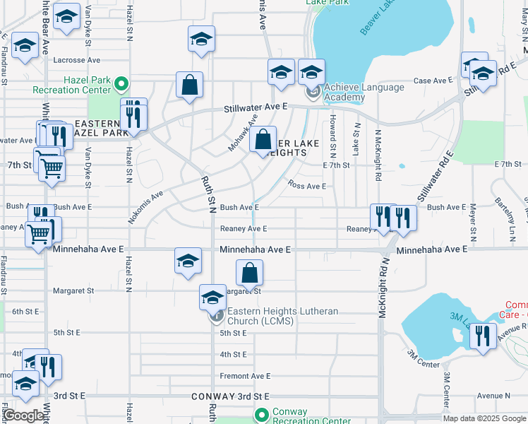 map of restaurants, bars, coffee shops, grocery stores, and more near 2095 Reaney Avenue East in Saint Paul