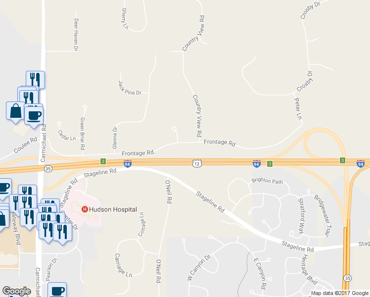 map of restaurants, bars, coffee shops, grocery stores, and more near 461 Frontage Road in Hudson