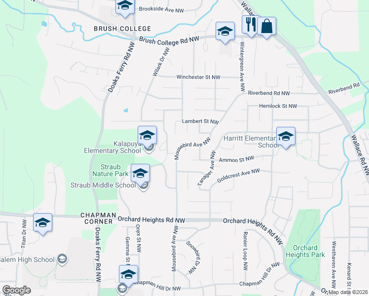 map of restaurants, bars, coffee shops, grocery stores, and more near 2116 Mousebird Avenue Northwest in Salem
