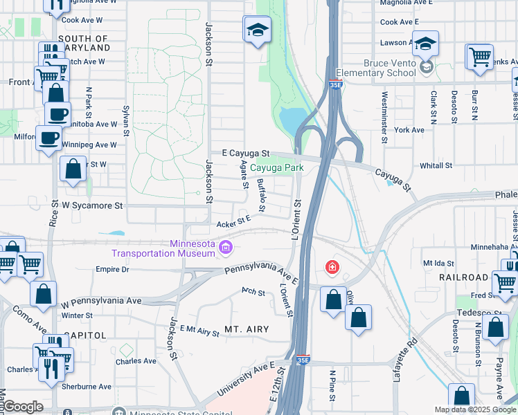 map of restaurants, bars, coffee shops, grocery stores, and more near 178 Acker Street East in Saint Paul