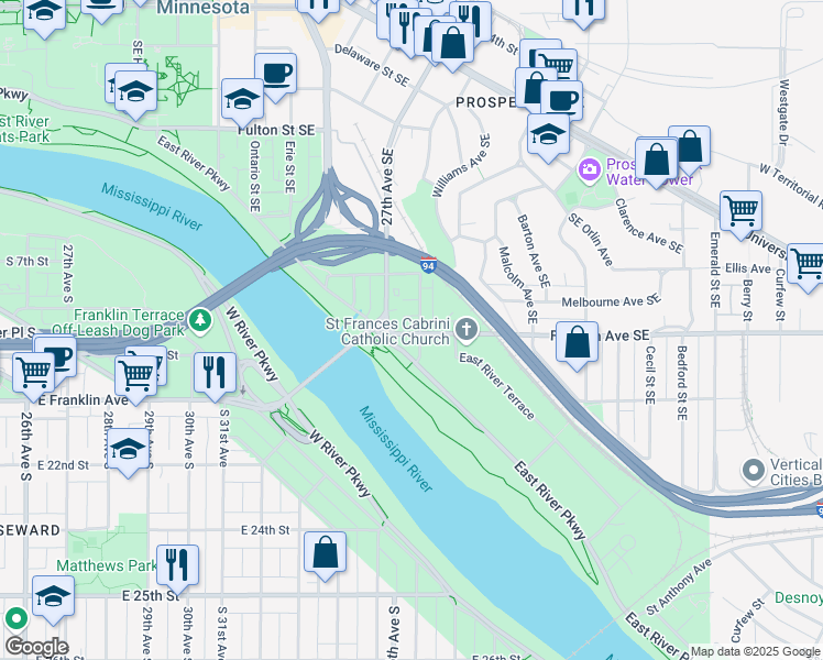 map of restaurants, bars, coffee shops, grocery stores, and more near 913 Thornton Street Southeast in Minneapolis