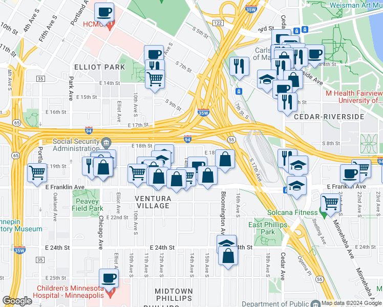 map of restaurants, bars, coffee shops, grocery stores, and more near 1404 East 19th Street in Minneapolis