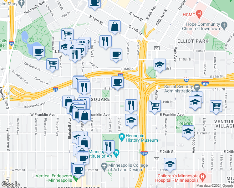 map of restaurants, bars, coffee shops, grocery stores, and more near in Minneapolis