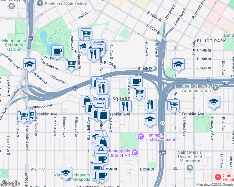 map of restaurants, bars, coffee shops, grocery stores, and more near in Minneapolis