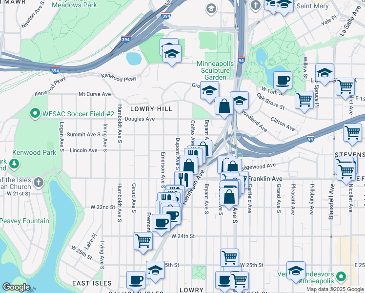 map of restaurants, bars, coffee shops, grocery stores, and more near 1913 Dupont Avenue South in Minneapolis