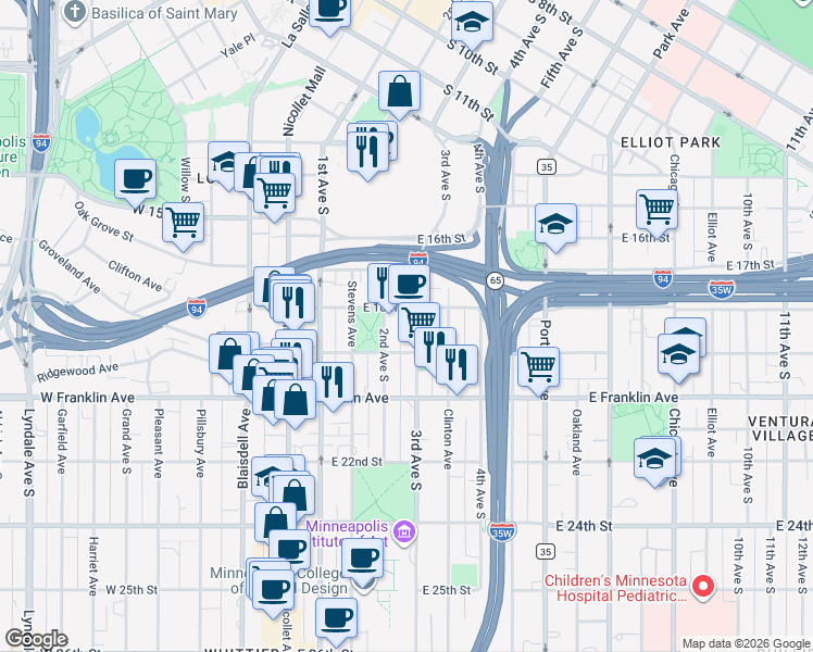 map of restaurants, bars, coffee shops, grocery stores, and more near 1810 3rd Avenue South in Minneapolis