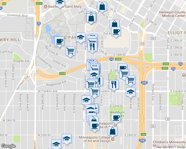map of restaurants, bars, coffee shops, grocery stores, and more near 8 East 19th Street in Minneapolis