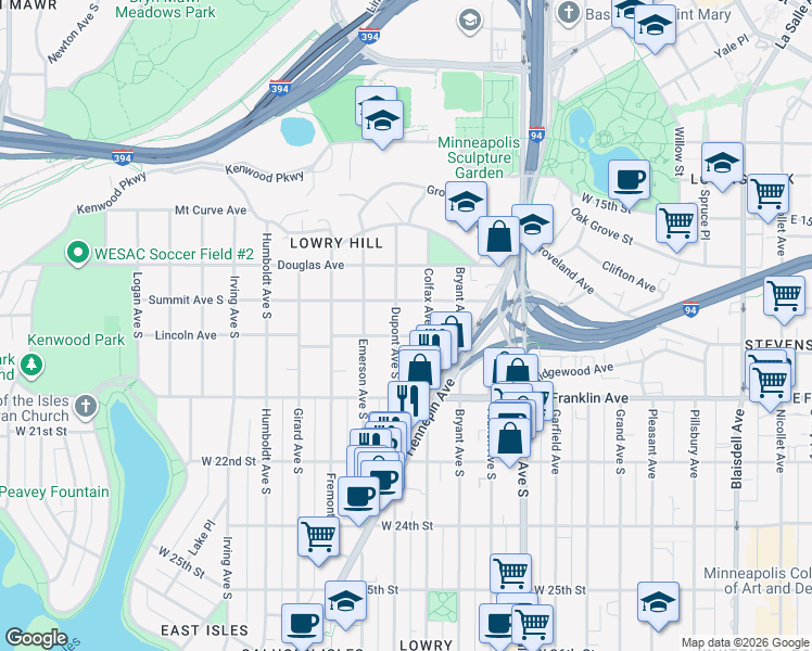 map of restaurants, bars, coffee shops, grocery stores, and more near 1913 Dupont Avenue South in Minneapolis