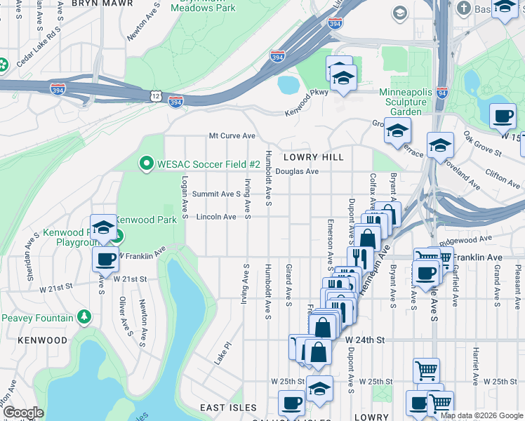 map of restaurants, bars, coffee shops, grocery stores, and more near 1908 Humboldt Avenue South in Minneapolis