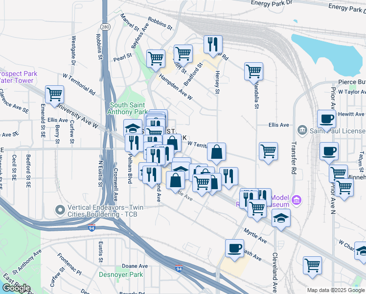 map of restaurants, bars, coffee shops, grocery stores, and more near 2 Charles Avenue in Saint Paul