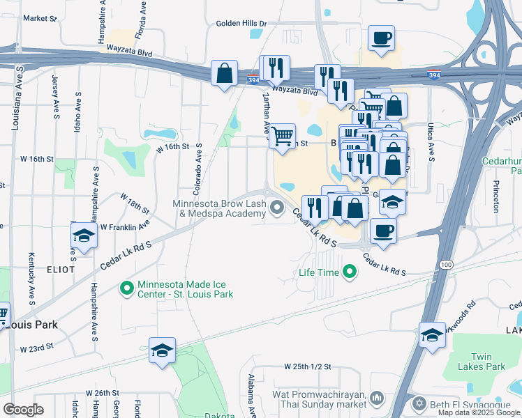 map of restaurants, bars, coffee shops, grocery stores, and more near 1648 Zarthan Avenue South in Minneapolis