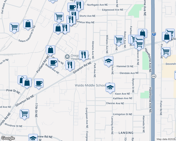 map of restaurants, bars, coffee shops, grocery stores, and more near 2660 Silverton Road Northeast in Salem