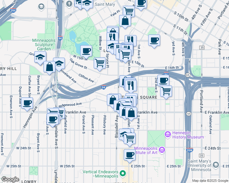 map of restaurants, bars, coffee shops, grocery stores, and more near 101 1/2 Oak Grove Street in Minneapolis