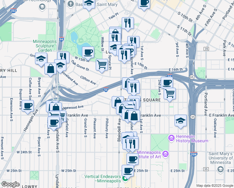 map of restaurants, bars, coffee shops, grocery stores, and more near 1818 Lasalle Avenue in Minneapolis