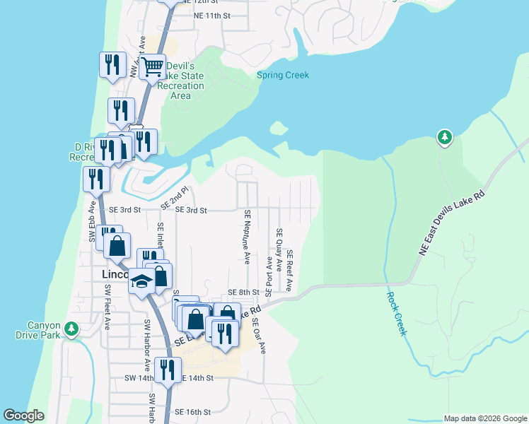 map of restaurants, bars, coffee shops, grocery stores, and more near 238 Southeast Oar Avenue in Lincoln City