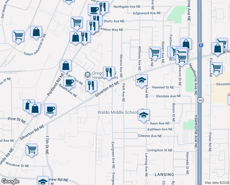 map of restaurants, bars, coffee shops, grocery stores, and more near 2660 Silverton Road Northeast in Salem