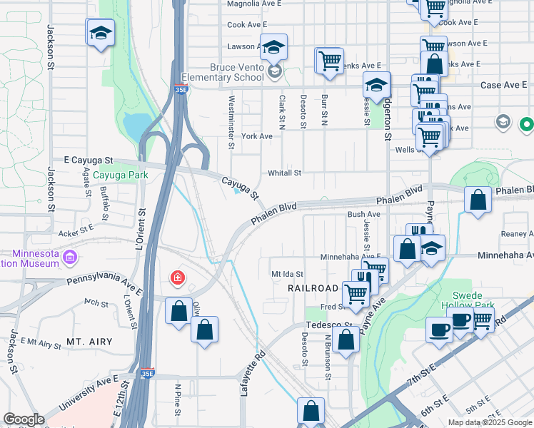 map of restaurants, bars, coffee shops, grocery stores, and more near 730-762 Cayuga St in St Paul