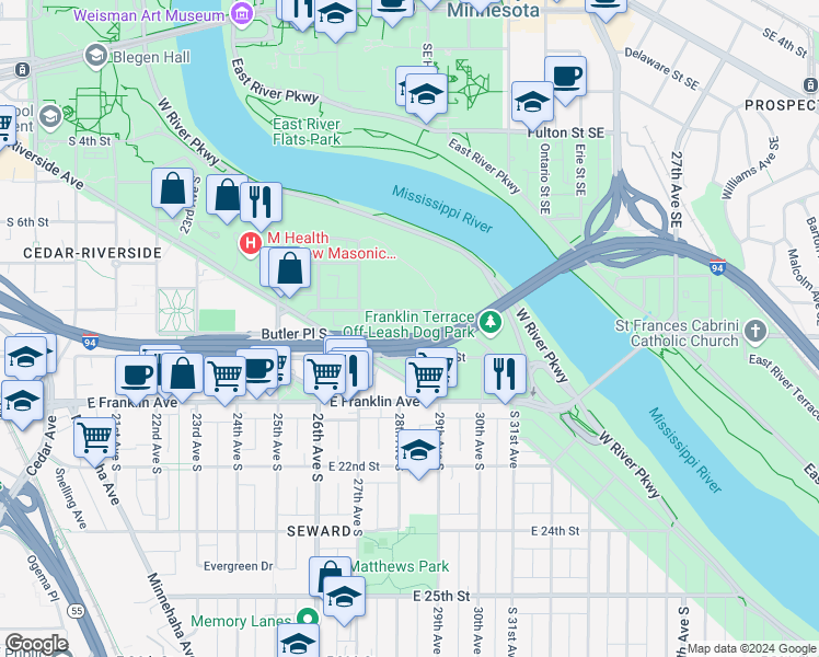 map of restaurants, bars, coffee shops, grocery stores, and more near 2815 South 8th Street in Minneapolis