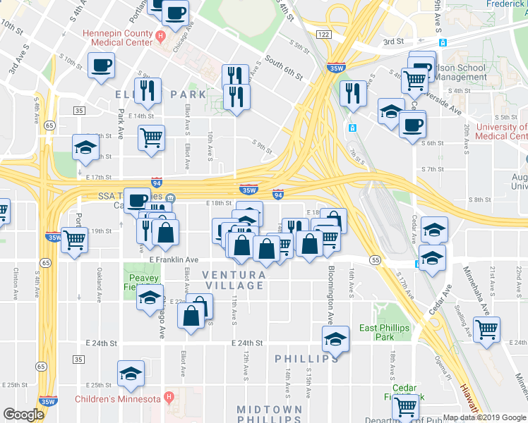 map of restaurants, bars, coffee shops, grocery stores, and more near 1803 13th Avenue South in Minneapolis
