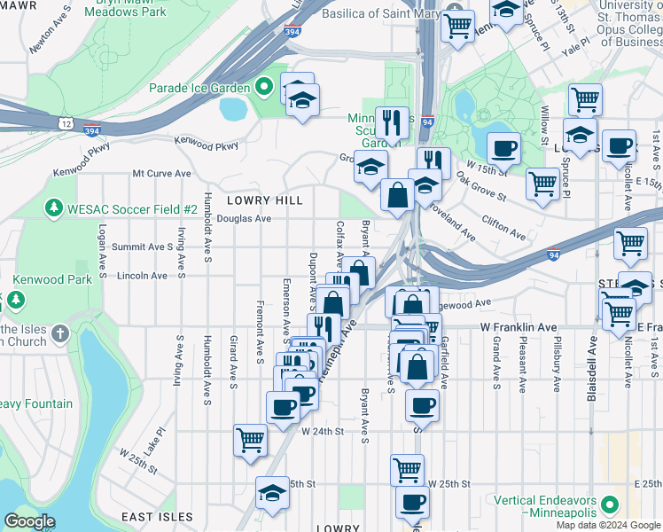 map of restaurants, bars, coffee shops, grocery stores, and more near 1787 Dupont Avenue South in Minneapolis