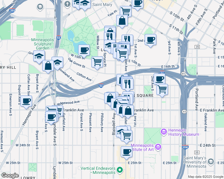 map of restaurants, bars, coffee shops, grocery stores, and more near 1818 Lasalle Avenue in Minneapolis
