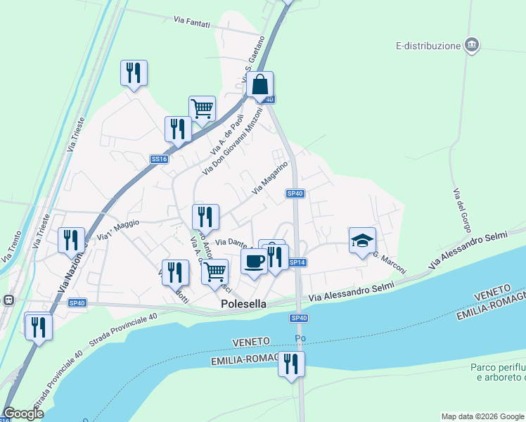 map of restaurants, bars, coffee shops, grocery stores, and more near 64 Via Giacomo Puccini in Polesella