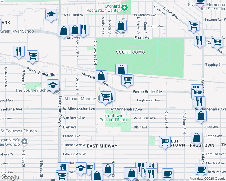 map of restaurants, bars, coffee shops, grocery stores, and more near 750 N Milton St in St Paul