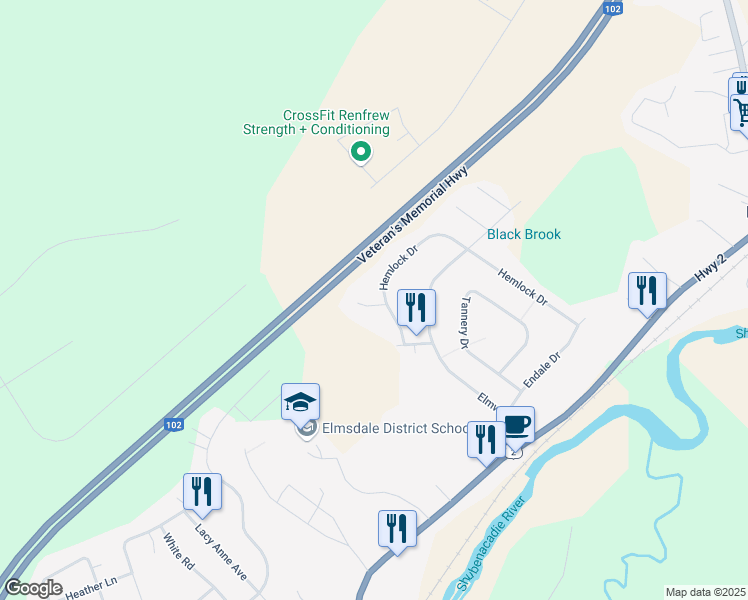 map of restaurants, bars, coffee shops, grocery stores, and more near West Court in Elmsdale