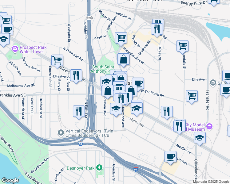 map of restaurants, bars, coffee shops, grocery stores, and more near 2386 West Territorial Road in Saint Paul