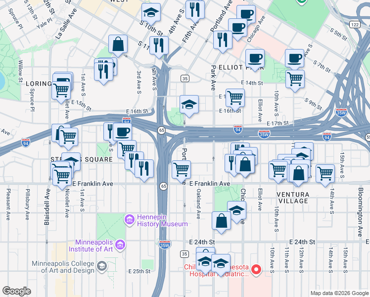 map of restaurants, bars, coffee shops, grocery stores, and more near Highway 55 in Minneapolis