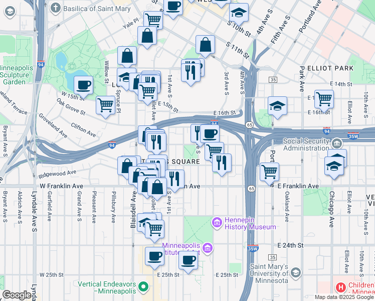 map of restaurants, bars, coffee shops, grocery stores, and more near 1817 Stevens Avenue in Minneapolis