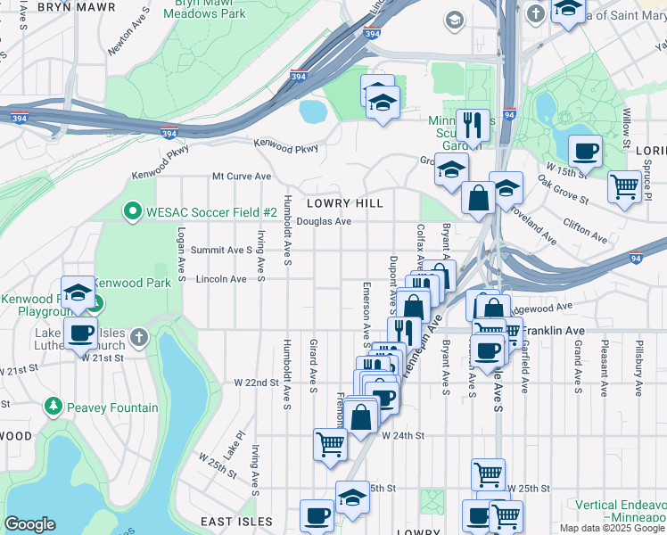 map of restaurants, bars, coffee shops, grocery stores, and more near 1218 Summit Avenue in Minneapolis