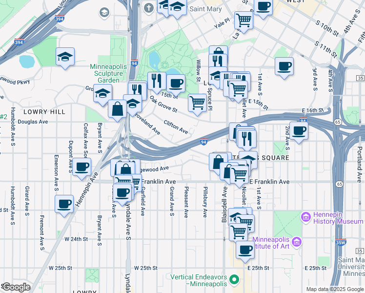 map of restaurants, bars, coffee shops, grocery stores, and more near Groveland Avenue in Minneapolis