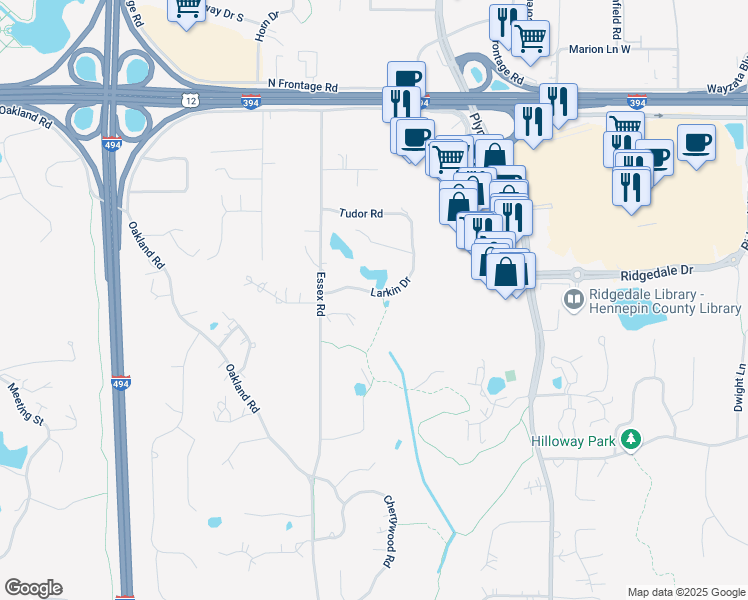 map of restaurants, bars, coffee shops, grocery stores, and more near 13514 Larkin Drive in Hopkins