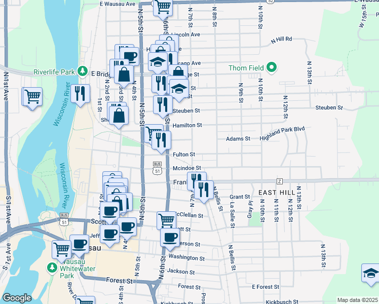map of restaurants, bars, coffee shops, grocery stores, and more near 619 Adams Street in Wausau